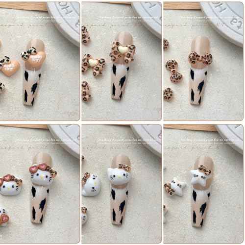 Cute 3D Nail Charms 60Pcs Cartoon Leopard Print Cat Nail Art Charms Jewelry Supply Kawaii 3D Leopard Print Cat Nail Gems Rhinestones for Acrylic Nails DIY Craft Phone Case Decoration