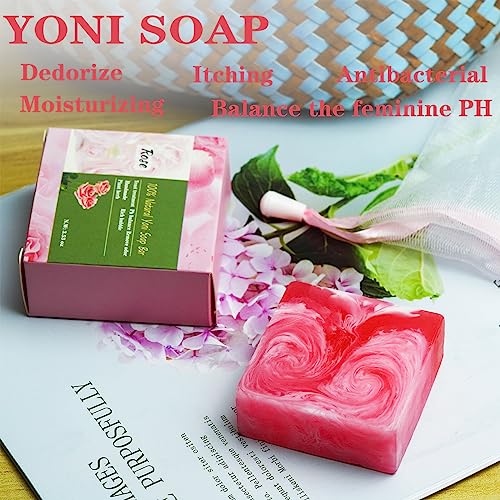 2 PCS Yoni Soap Bars for Women, 100% Handmade Natural PH Balanced & V Cleansing Soap for Women, All Natural Odor Remover with Bubble Foam Net, Yoni Wash Away Odor Deodorant 3.53oz/100g (pink)