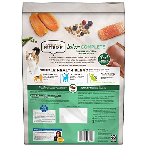 Rachael Ray Nutrish Indoor Complete Premium Natural Dry Cat Food with Added Vitamins, Minerals & Other Nutrients, Chicken with Lentils & Salmon Recipe, 6 Pounds (Packaging May Vary)