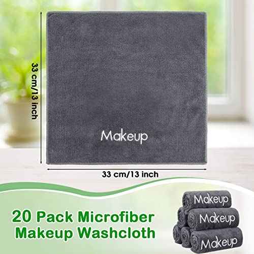 Shimeyao 20 Pack Makeup Towels Gray Makeup Washcloths for Face Classic Soft Microfiber Remover Cloth 13x13 Inch Quick Dry Face Towels for Cleansing Hand