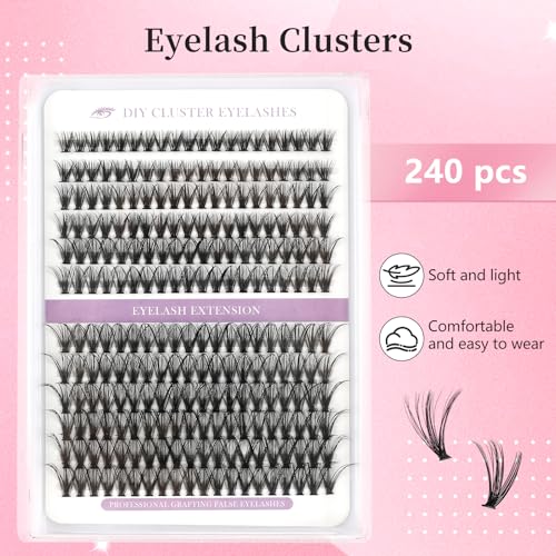 False Eyelashes 240PCS Eyelash Clusters 8-16mm 30D Individual Lashes with Lash Bond and Seal Applicator for Lash Extension Beginners