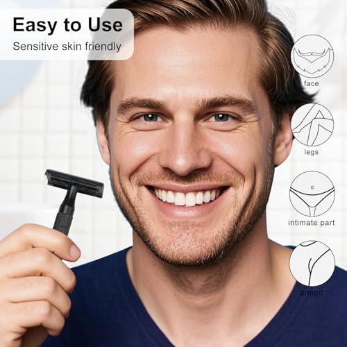 Matte Black Double Edge Safety Razor with Stand, Single Blade Razors for Men and Women, with 10 Safety Razor Blades, Smooth and Close Shave