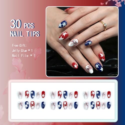 4th of July Press on Nails - Patriotic Almond Design, 30 Pcs