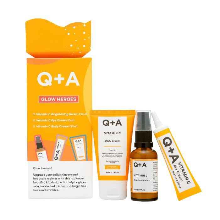 Q+A Glow Heroes Skincare Giftset - A Trio with Vitamin C Serum 30ml, Eye Cream 15ml & Body Cream 50ml - Rejuvenate - Vegan & Cruelty-Free, Made in UK