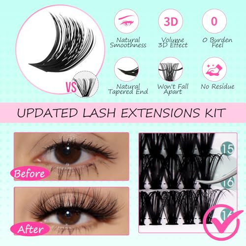 FADVAN Lash Extension Kit Thick Cluster Eyelash Extensions 9-16mm Volume Lash Clusters 100D Individual Eyelashes Kit with Lash Bond And Seal,Remover Tweezers For Beginner (100D, 0.07D, 9-16mm, Kit)