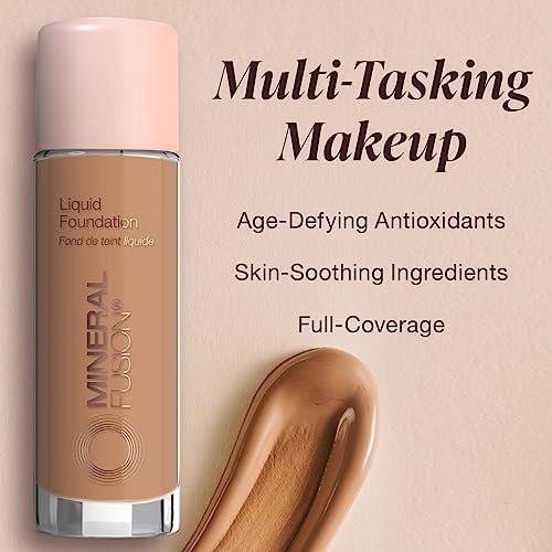 Mineral Fusion Full Coverage Foundation, Liquid Foundation - Deep 4- Deep Complexion w/Golden Undertones, Lightweight Matte Finish, Up to 12 Hr Hydration, Hypoallergenic & Vegan, 1 fl. oz