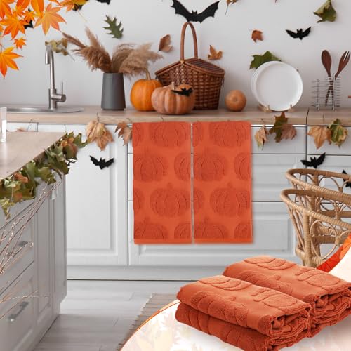 Peryiter Fall Hand Towels Set 3D Pumpkin Jacquard Rust Orange Autumn Decor