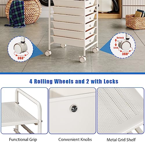 Shrivee White 4-Tier Utility Cart with 4 Drawers, Lockable Casters, Multipurpose Mobile Storage