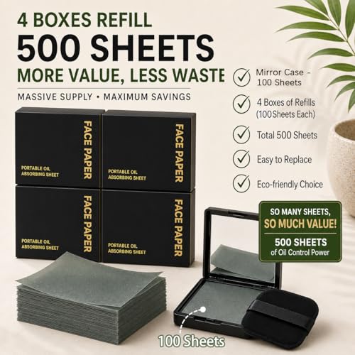 Oil Blotting Sheets for Face, 500 Pcs with Mirror & Puff