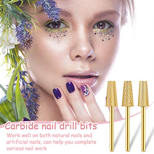 3 Pieces Tapered Barrel Carbide Nail Drill Bit, 3 Sizes Carbide Nail Drill Bit Acrylic Nail File Drill Bit Cuticle Drill Bits, Nail Art Tools for Gel Nails Manicure Pedicure (Gold)