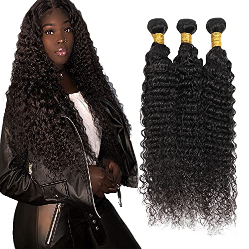 FuivJuix Deep Wave Human Hair Bundles - Brazilian Virgin Hair 30/30/30 Inch, Natural Black, 3-Pack