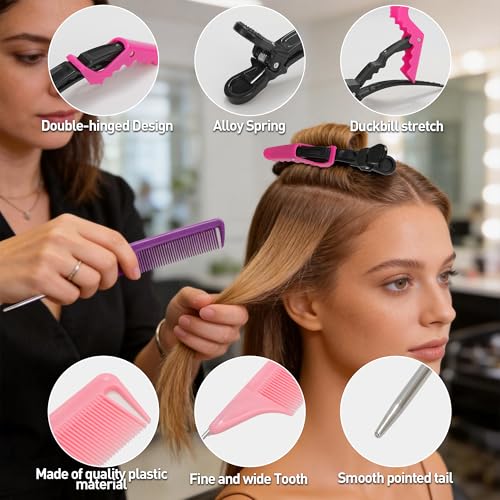 Rat Tail Comb & Hair Clips Set - 3 Teasing Combs + 7 Alligator Clips