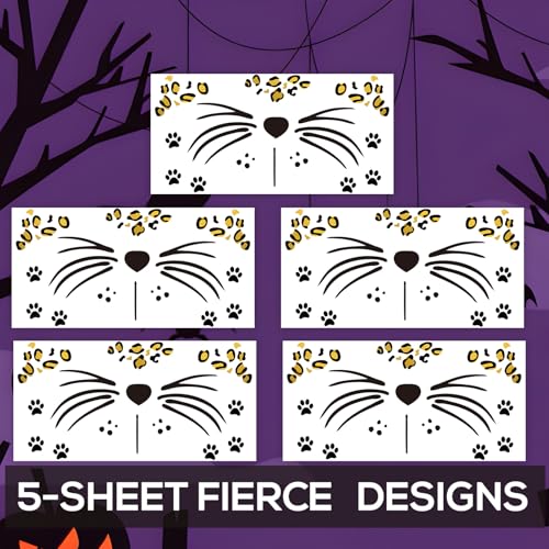 5-Pack Cheetah Face Temporary Tattoos for Halloween Costumes