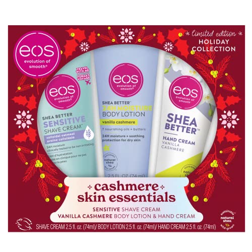 eos Limited Edition Holiday Body Collection, Travel Size Cashmere Skin Essentials, Sensitive Shave Cream & Vanilla Cashmere Body Lotion + Hand Cream, 3-Pack