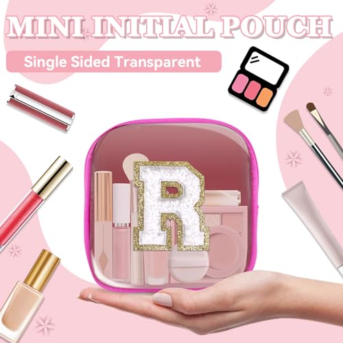 Personalized Clear Makeup Bag with Chenille Initials - Hot Pink