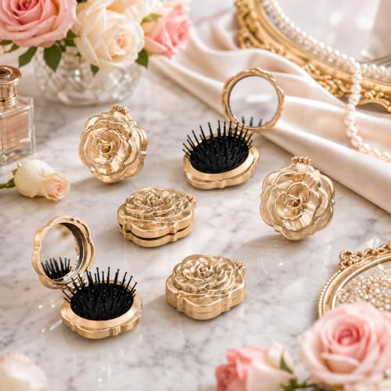 12 Pcs Mini Hair Brush Set with Mirror – Champagne Gold Compact