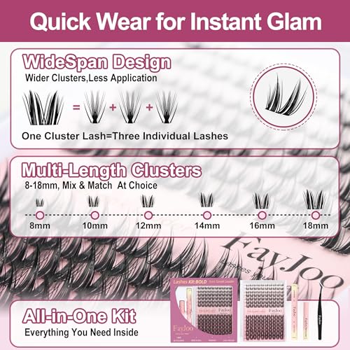 Dramatic Volume Lash Clusters Kit, 0.05mm Thin Band 8-18mm C Curl, DIY Lash Extension with Bond/Seal/Remover/Tweezer, Waterproof Reusable, FayJoo BOLDEE 11 Kit