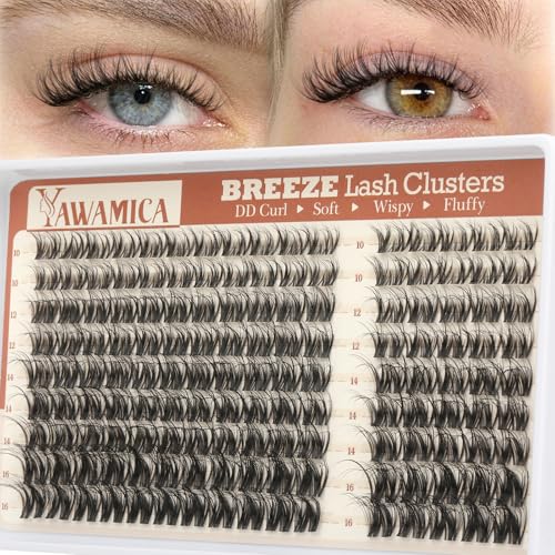 Yawamica Spider Lash Clusters DIY Eyelash Extensions 10-16mm (Spider Glam-10-16mm) DD Curl, Clear Band