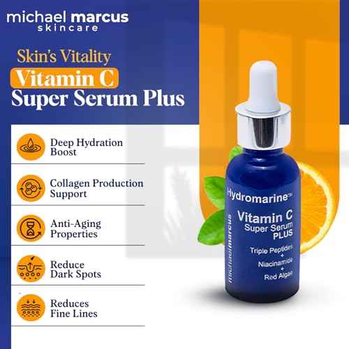 Michael Marcus Hydromarine¢â Vitamin C Face Serum PLUS with Hyaluronic Acid & Triple Peptides - Reduce Dark Spots, Anti-Wrinkle, Anti-Aging, & Skin Brightening Vitamin C Serum - (30ml, 1 fl. oz)