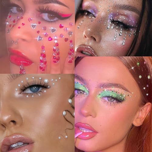 1398 PCS Heart Rhinestones Face Self-Adhesive Acrylic Heart Gems Stickers Flat-Back Heart Pearl Crystal for Body Eye Makeup for Wedding Valentine's Day DIY Crafts, 9 Sheets