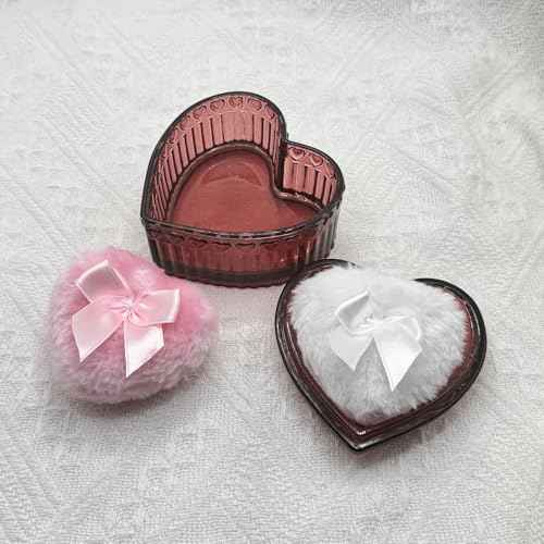 Body Powder Puff and Container - Glass Heart Dusting Powder Container with 2 Soft Puffs Vintage Powder Puff Case for Women & Girls-GRB007-Red