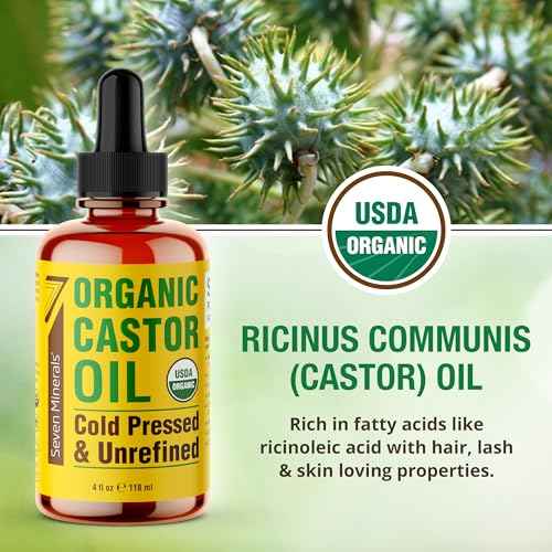 Seven Minerals 4oz Organic Castor Oil for Eyelashes, Eyebrows, Face & Hair Growth - Glass Bottle, Cold Pressed & Hexane Free - 100% Pure - Hydrates & Boosts Natural Hair, Ordinary Lash & Brow Growth