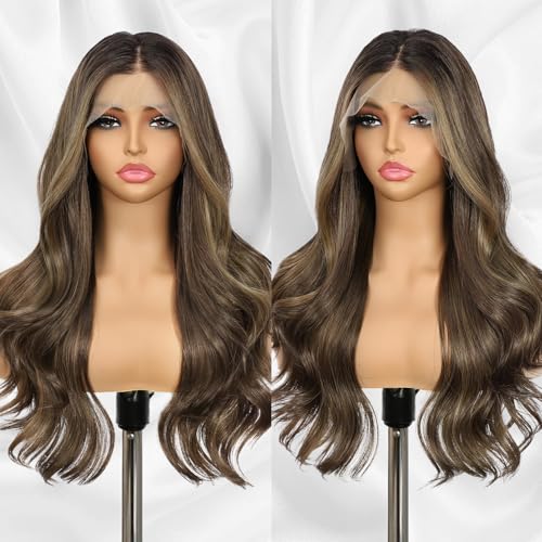 Brown Synthetic Lace Front Wig 13x4 Pre Plucked Highlight Body Wave Wigs for Women Heat Resistant Hair 22 Inch Daily Use