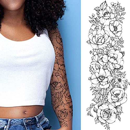 Temporary Tattoo Sleeve - 2 Pack Rose Flower Full Arm Stickers