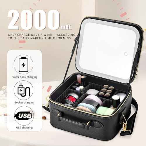 Travel Makeup Bag with LED Mirror, Portable Cosmetic Case Organizer with Lighted Mirror, Waterproof Makeup Case for Cosmetic Brush Holder Storage, Black Toiletry Bag for Women Gift