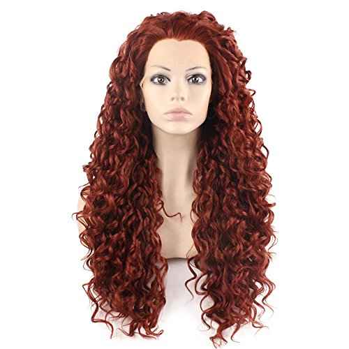 MX angel Long Heat Resistant Synthetic Hair Celebrity Burgundy Wine Red Stylish Curly Lace Front Wig