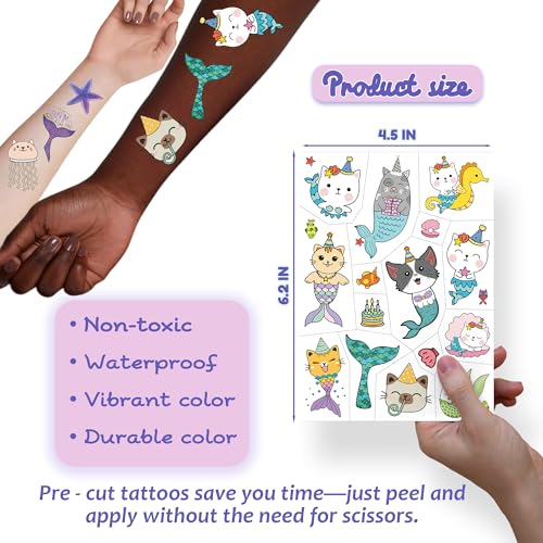 55 Mermaid & Cat Temporary Tattoos - Waterproof Party Favors