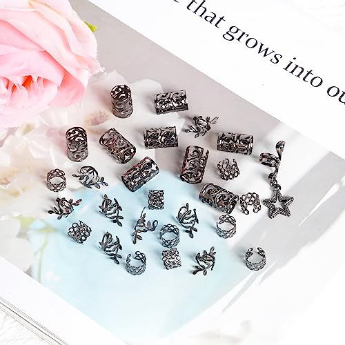 hoyuwak 40Pcs Hair Jewelry for Braids Loc Dreadlock Accessories Hair Beads Clips Cuffs Charms Rings for Women Grls Rave Punk Hairstyle Decoration, Black