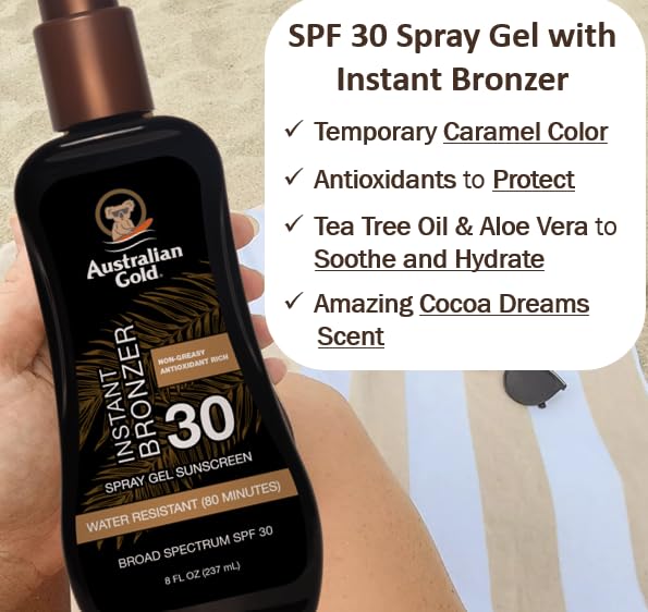 Australian Gold SPF 30 Spray Gel Sunscreen with Instant Bronzer, 8 oz