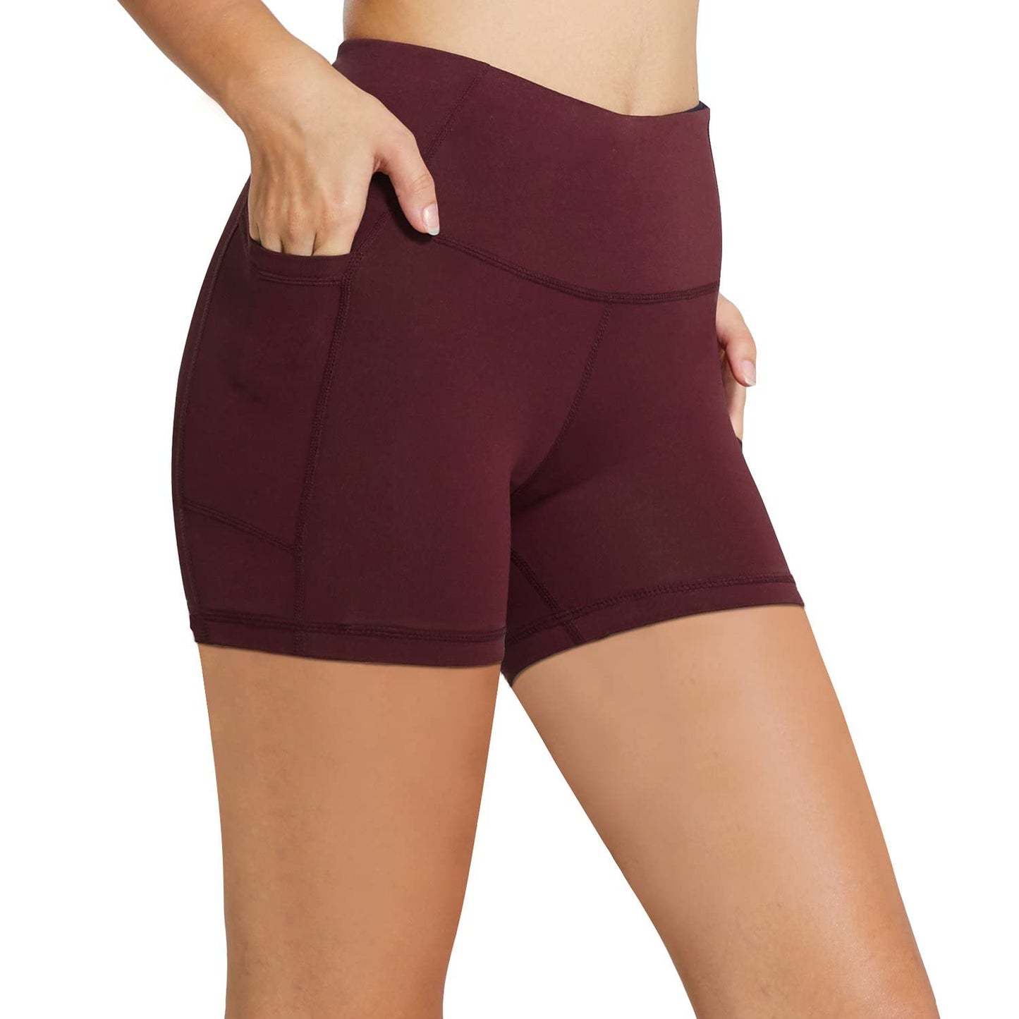 BALEAF Biker Shorts Women Yoga Gym Workout Spandex Running Volleyball Tummy Control Compression Shorts with Pockets 5" Wine Red L