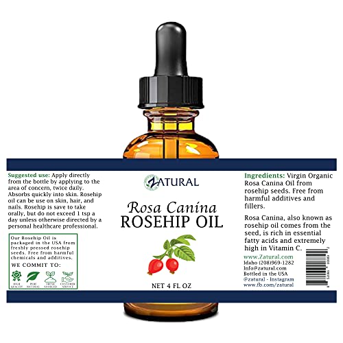 Zatural ROSA CANINA - Organic Rosehip Oil for Face, Nails, Hair and Skin - Cold Pressed Rose Hip Oil (4 oz)