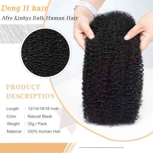 Afro Kinkys Bulk Human Hair for Braiding Afro Kinky-Curly Human Hair Bulk For Mini Twist, Repair Locs Hair Bulk Human Braiding Hair for Micro Dreadlocs Extensions 18 Inch(1B,35g/pack)