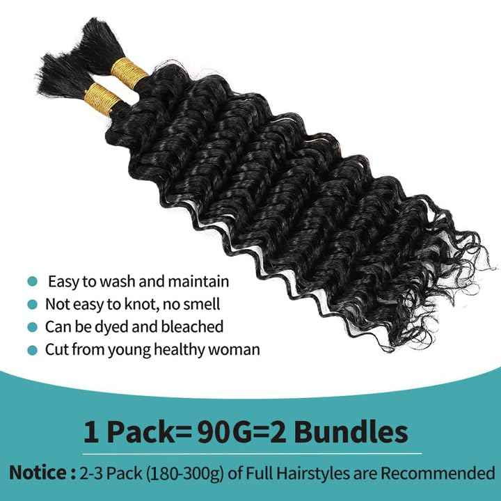 Human Braiding Hair Deep Wave Bulk Human Hair for Braiding 20Inch No Weft 90g 2 Bundles 100% Brazilian Virgin Human Hair Extensions Curly Boho Hair Wet and Wavy Human Hair Natural Black
