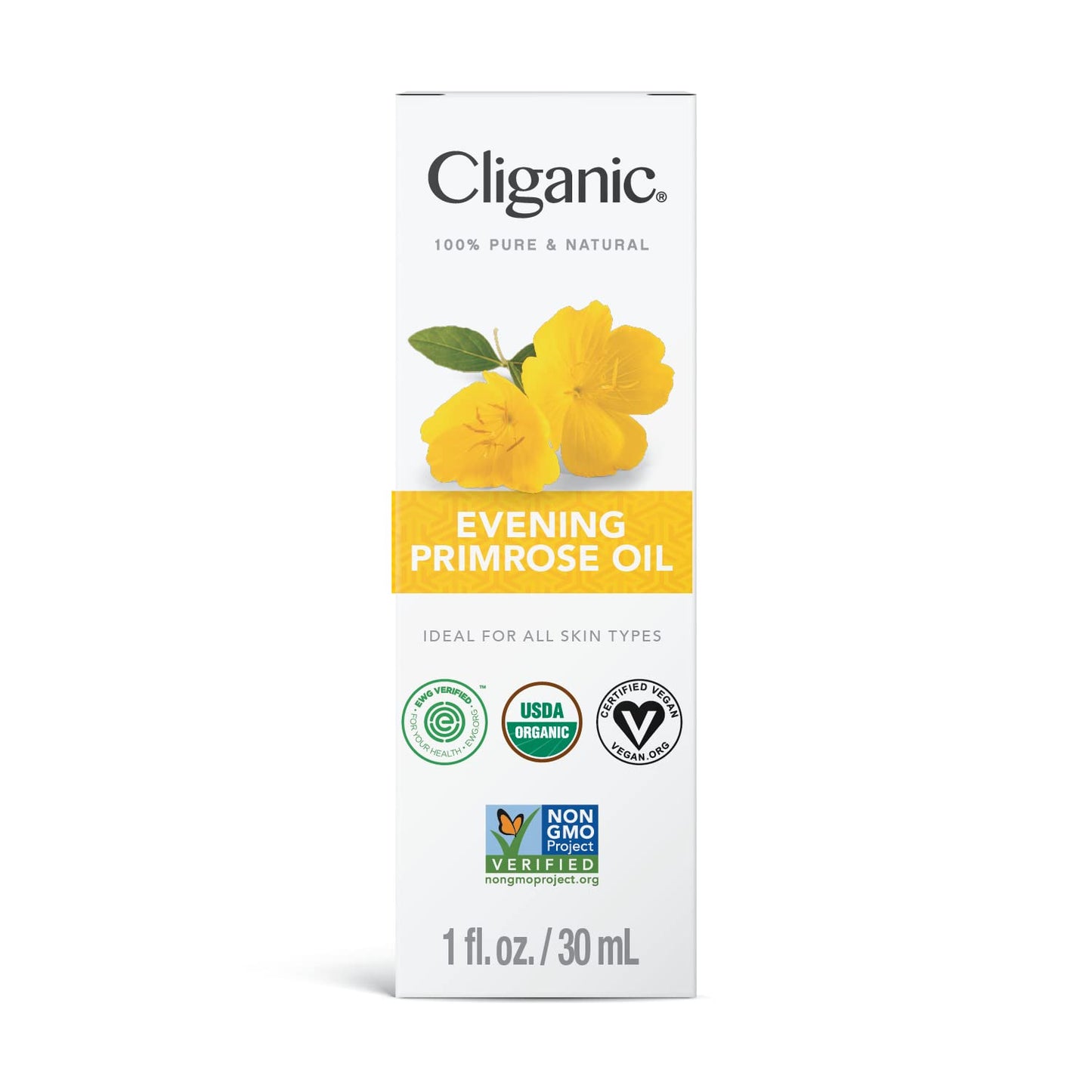 Cliganic Organic Evening Primrose Oil, 100% Pure (1oz) - For Hair & Face | Natural Cold Pressed Unrefined