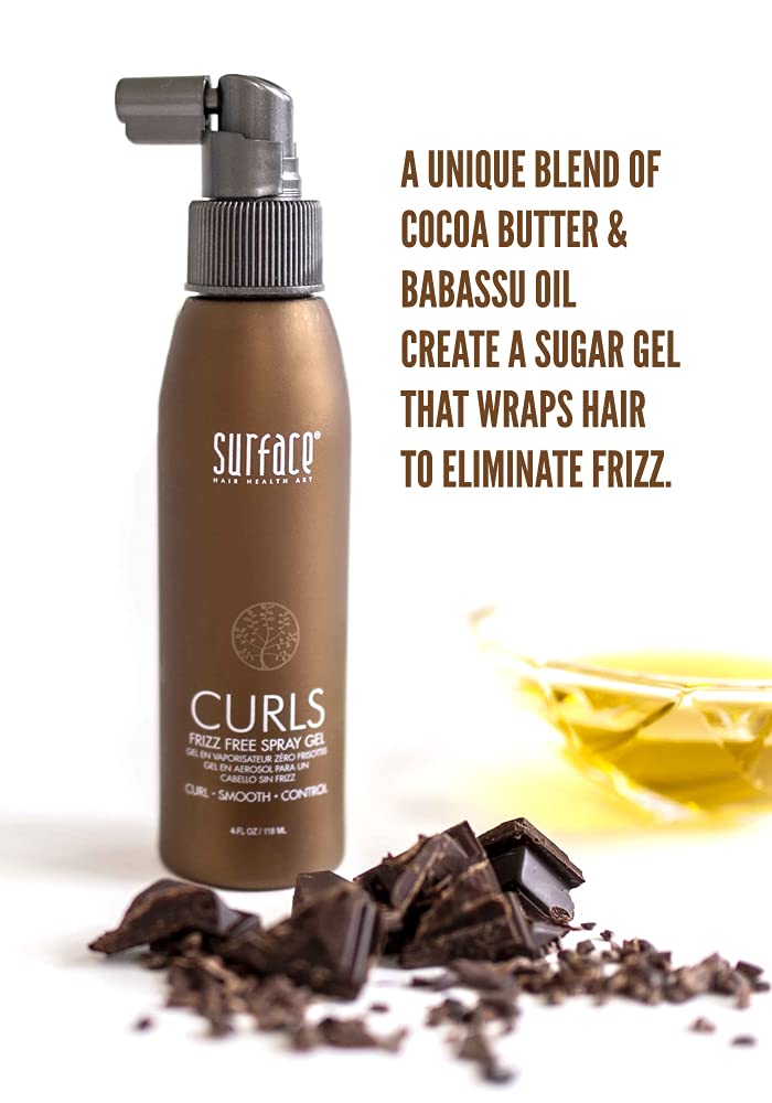 SURFACE Hair Curl Frizz Free Spray Gel, Lightweight Control With Cocoa Butter And Babassu Oil, For Curly Or Straight Hair 4 Fl. Oz.