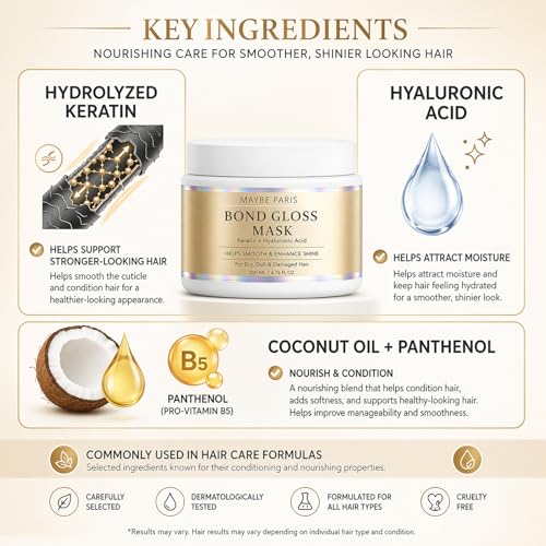 Bond Gloss Hair Mask with Hydrolyzed Keratin & Hyaluronic Acid - Moisturizing Treatment for Dry, Dull, Damaged Hair