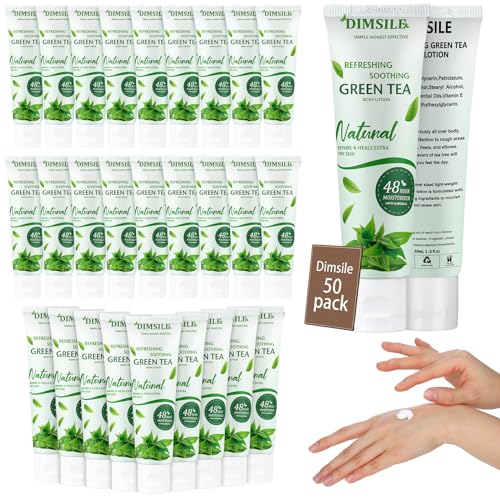 Dimsile 50 Pack Green Tea Travel Size Body Lotion 1 Oz Dry Skin Moisturizer with Flip Cap for Extra Dry Skin, for Inns and Hotels, Airlines, Offices, Gyms and More