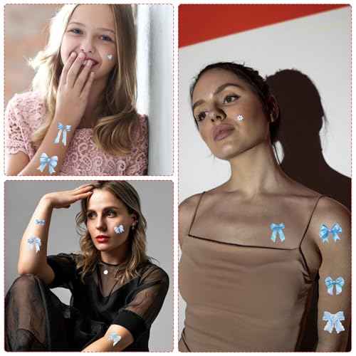Blue Bow Temporary Tattoos - 200+ Blue Coquete Birthday Decorations Bow Themed Party Favors Ribbon Tattoo Stickers Gifts Wedding Birthday Bridal Shower Supplies Prizes Rewards for Girl Women