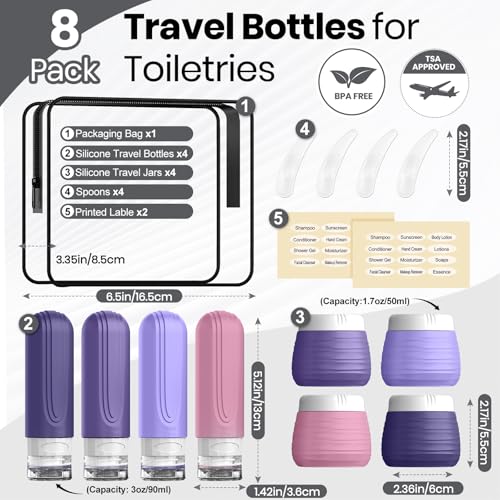 TSA Approved Travel Bottles Set - 8 Pack Silicone Containers