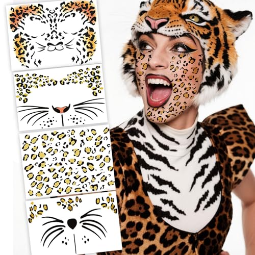 Leopard Face Stickers - 4 Sheets Halloween Temporary Tattoo Stickers for Face & Body - Wild Animal Print Fake Tattoos for Costume, Party, Festival, Tiger & Leopard Makeup