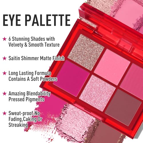 BOBISUKA Eyeshadow + Matte Lipstick Makeup Kit, 6 Colors Pink Rose Plum Shimmer Matte Gold Metallic Eye Shadow Pallet with Red Liquid Lipstick Makeup Set for Halloween, Daily,Parties, Concert