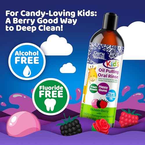 GuruNanda Kids Oil Pulling, Alcohol-Free Mouthwash, Essential Oils & Vitamins for Fresh Breath & Happy Gums for Ages 6 & up, Natural Bubble Berry, 8 Oz