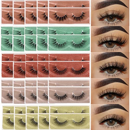 Lashes Bulk 50 Pair Wholesale Short Lash Natural Look Fluffy Mink Eyelashes 5D Faux Mink False Lash Cat Eye Fake Eyelash Soft Wispy Strip Eye Lashes with Individual Portable Lash Pack