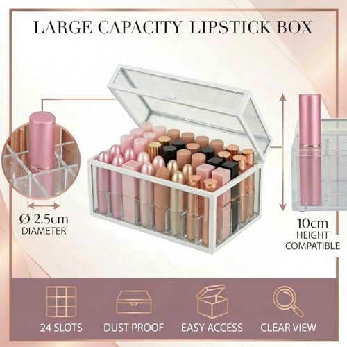 40 Lipsticks Organizer with Lid, Glass Display Box Fits Large Perfume & Skincare, Easy-Access Organiser for Vanity Countertop, Multifunctional Display Box in Any Rooms