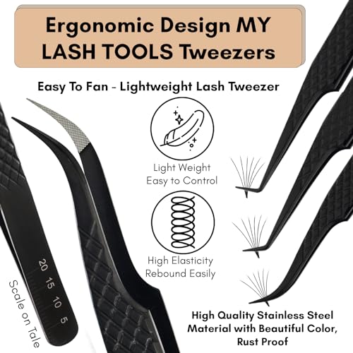 My Lash Tools 5Pcs Lash Tweezers Set for Eyelash Extension Precision Fiber Tip Lash Tweezers for Eyelash Extensions Curved, Mega Volume Boot & isolation tweezers for women Stainless Steel Tweezers