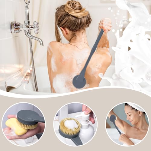 Gobiteli Grey Back Scrubber with 20.5-Inch Handle - Shower Brush for Deep Body Clean